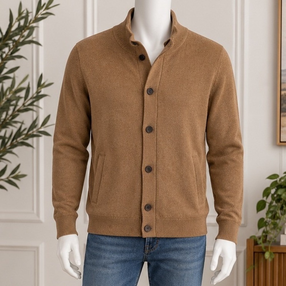 Banana Republic Mens Cardigan Mock Neck Button Front Camel Brown Large